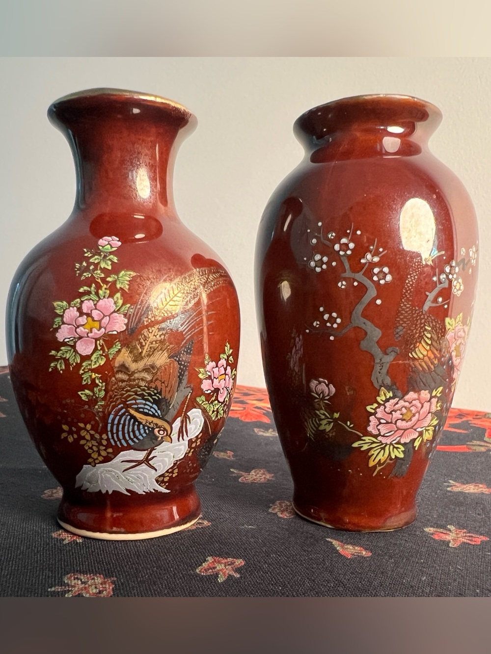 Vintage Japanese Hand-Painted Floral Brown Bud Vases Pheasant Peacock